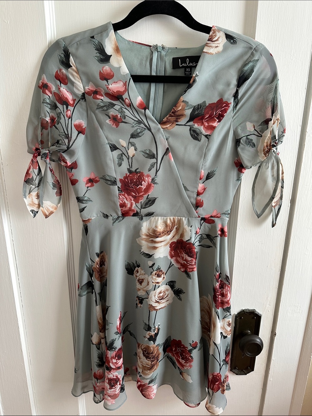 Lulu's Sage Floral Tie-Sleeve Wrap Skater Dress